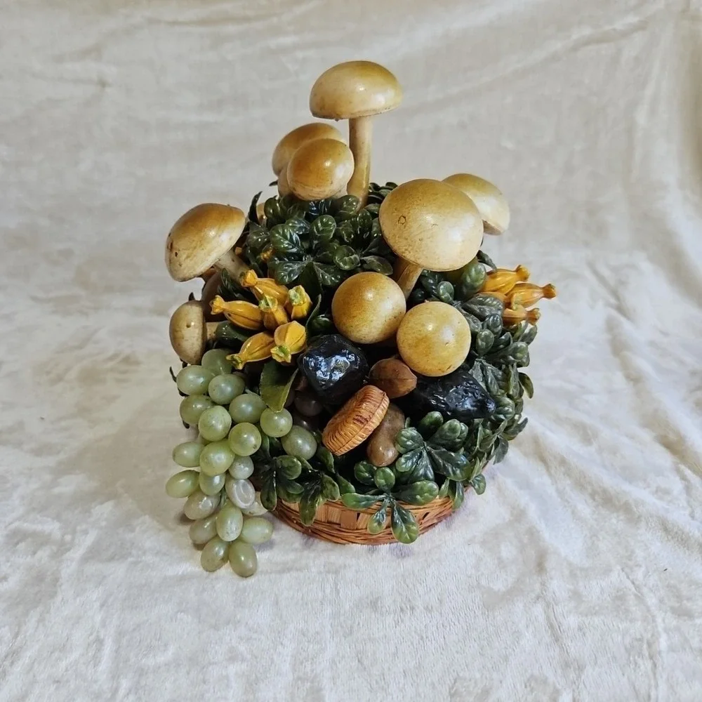 MUSHROOMS GRAPES Vintage Wicker Basket Retro MCM Centerpiece Kitchy Decor